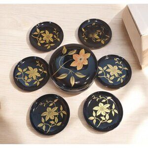 Japanese‎ Lacquered Bamboo (6) Black Coasters Round Box Gold Floral Design